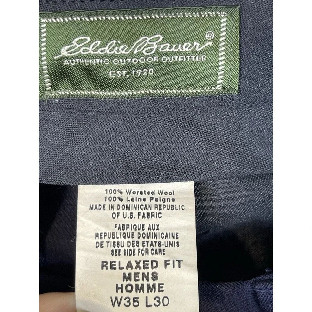 Eddie Bauer Pants Mens 35x30 Blue Navy Relaxed Fit Pleated Cuffed‎ Straight Wool
